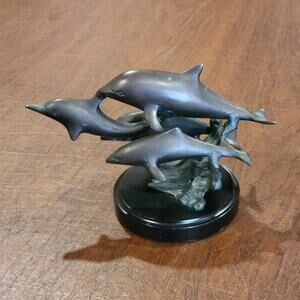 Vintage Diving Dolphins Pod Bronze Sculpture Figurine on wooden base